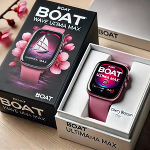boAt Wave Ultima Max Cherry Blossom smartwatch in packaging with a pink strap and floral background.
