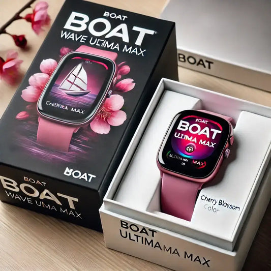 boAt Wave Ultima Max Cherry Blossom smartwatch in packaging with a pink strap and floral background.