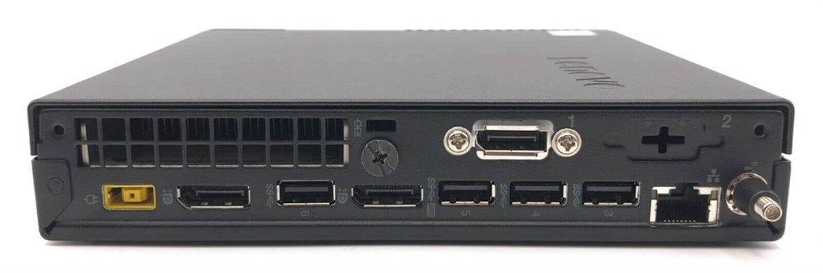 Back view of Lenovo ThinkCenter M910Q showing ports and connections for a compact business desktop PC.