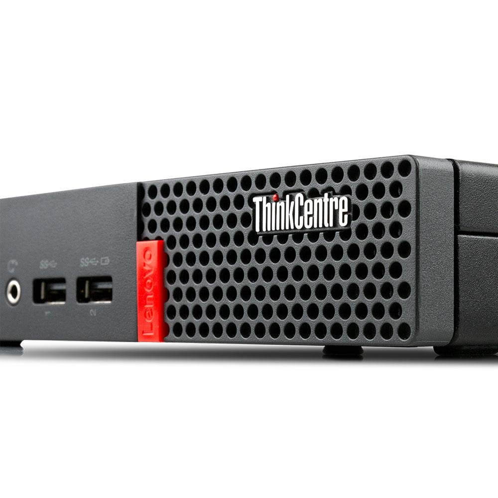 Lenovo ThinkCenter M910Q front view showcasing ports and ventilation design of the Tiny PC.