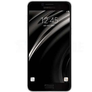 Samsung Galaxy C5 smartphone front view displaying black screen with digital clock, sleek design and modern features.
