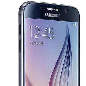 Samsung Galaxy S6 32GB smartphone displaying time and date, featuring black sapphire color and sleek design.