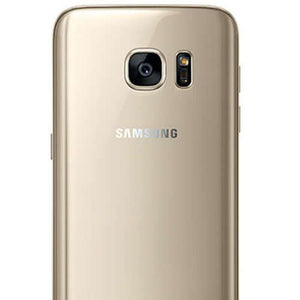 Samsung Galaxy S7 smartphone in Gold Platinum color, showcasing the back design and camera features.