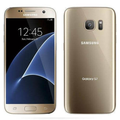 Samsung Galaxy S7 in Gold Platinum showcasing front and back design.