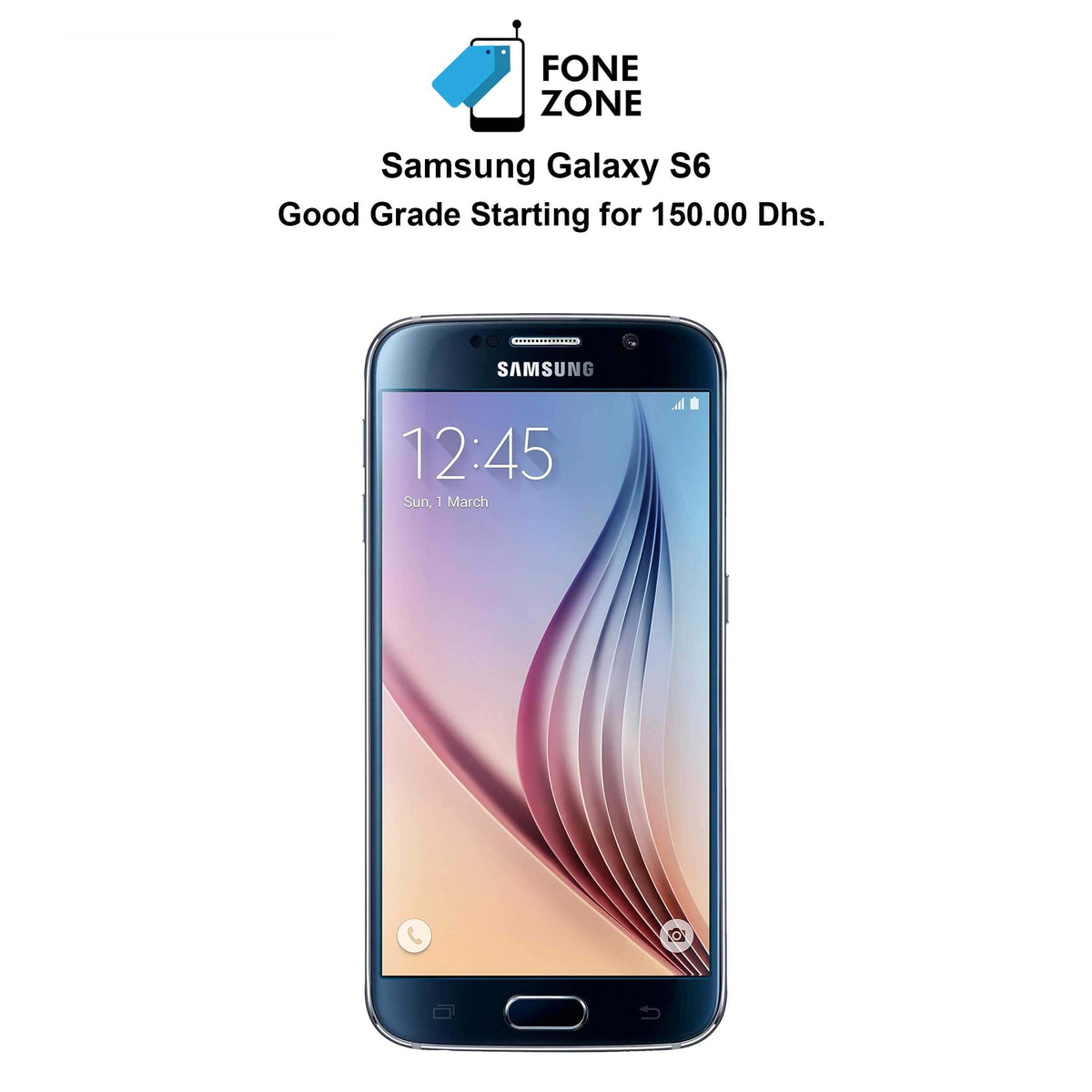 Samsung Galaxy S6 32GB single sim Black Sapphire smartphone with a display showing time and date.