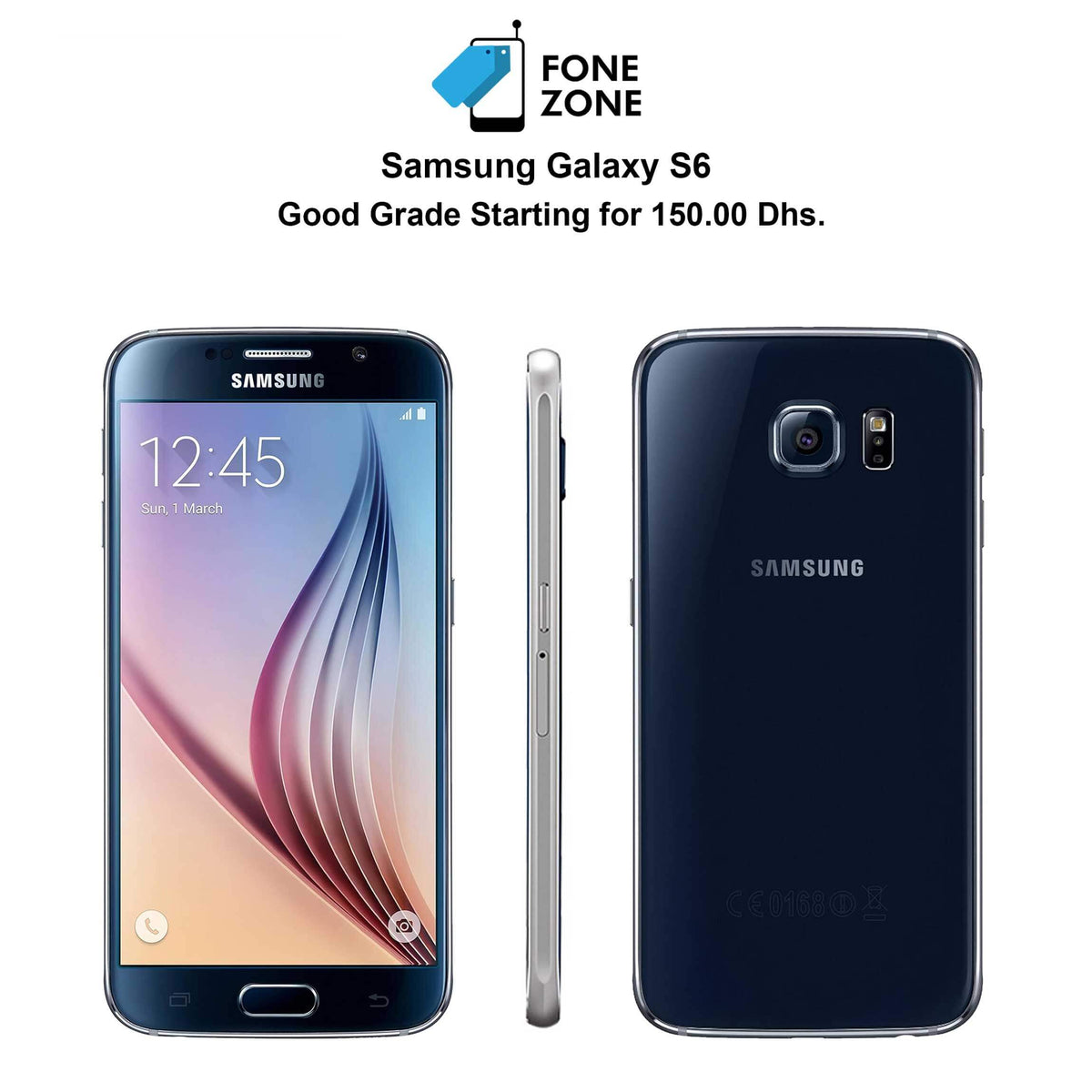 Samsung Galaxy S6 32GB single sim Black Sapphire - front and back view, available for 150.00 Dhs.