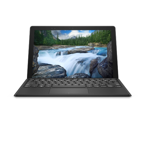 Dell Latitude 5290 laptop with a stunning display showcasing a waterfall landscape.