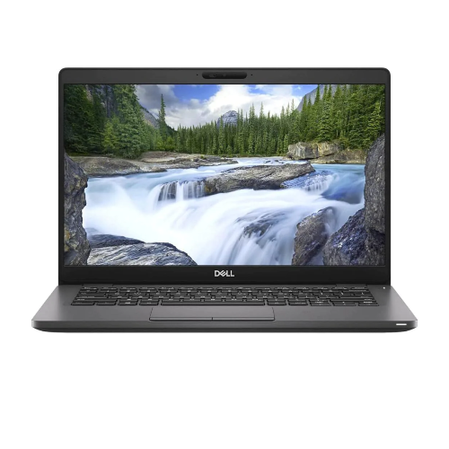 Dell Latitude 5300 laptop showcasing vibrant scenery on the screen with a river and forest backdrop.