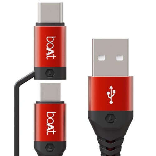 boAt Deuce USB 300 2 in 1 Type-C & Micro USB Stress Resistant, Sturdy Cable with 3A Fast Charging,Mercurial Red Brand New