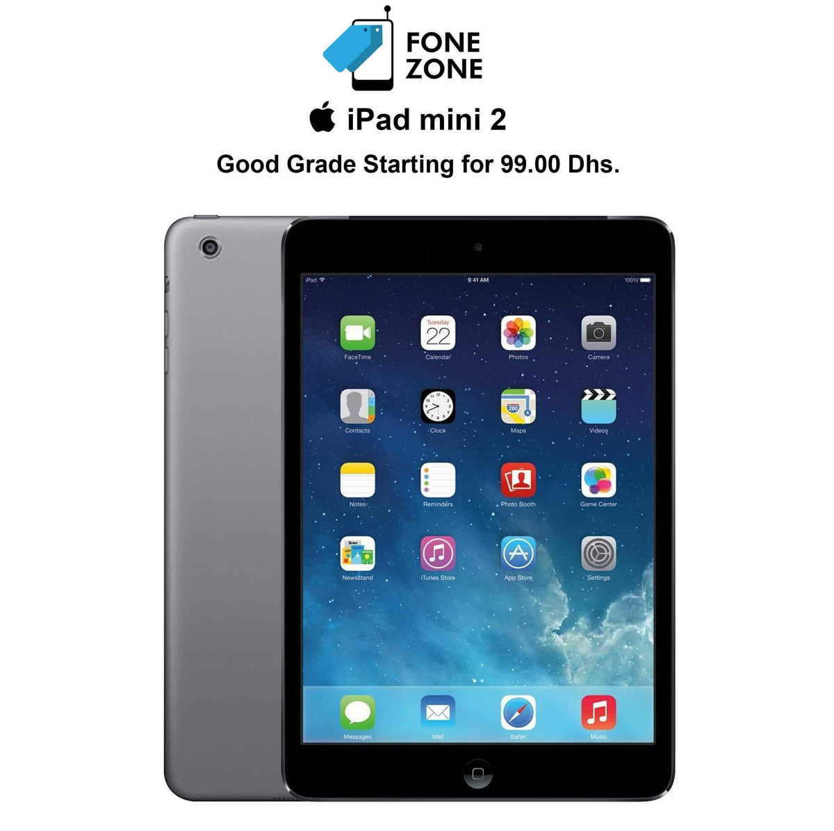 Apple iPad mini 2 16GB Gray with home screen apps displayed, available at Fone Zone for good grade starting at 99.00 Dhs.