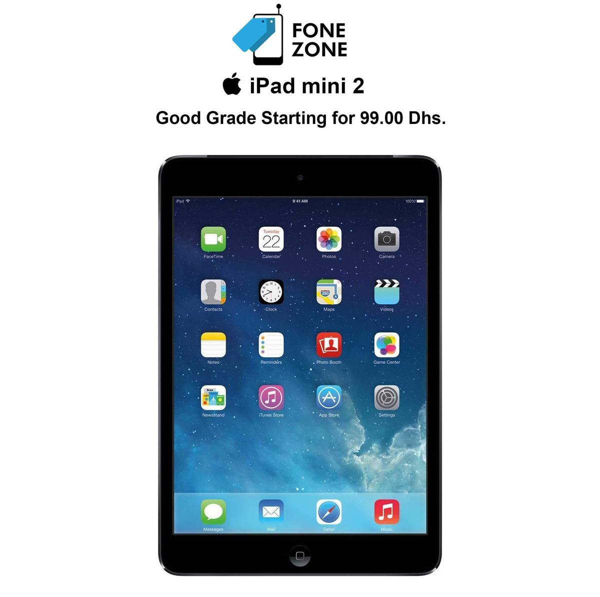 Apple iPad mini 2 16GB displayed on a screen with app icons and promotional text for sale.