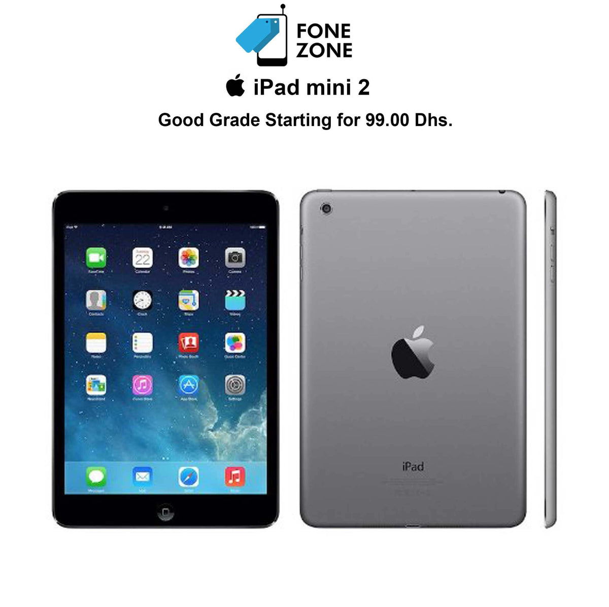 Apple iPad mini 2 16GB in gray color showcasing front and back view, ideal for browsing and entertainment.