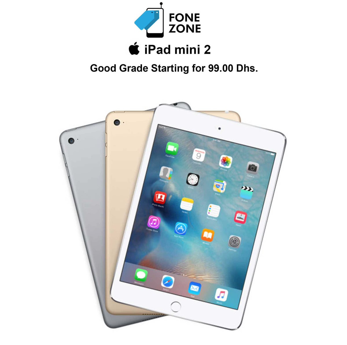 Apple iPad mini 2 16GB in three colors displayed with apps on screen, showcasing quality and price at Fone Zone.