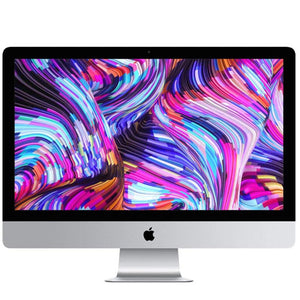 Apple iMac 27-inch showcasing vibrant and colorful abstract desktop wallpaper on Retina 5K display.
