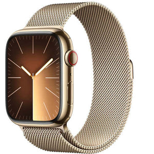 Apple Watch Series 9 [GPS + Cellular 45mm] Smartwatch with Gold Stainless steel Case with Gold Milanese Loop One Size.