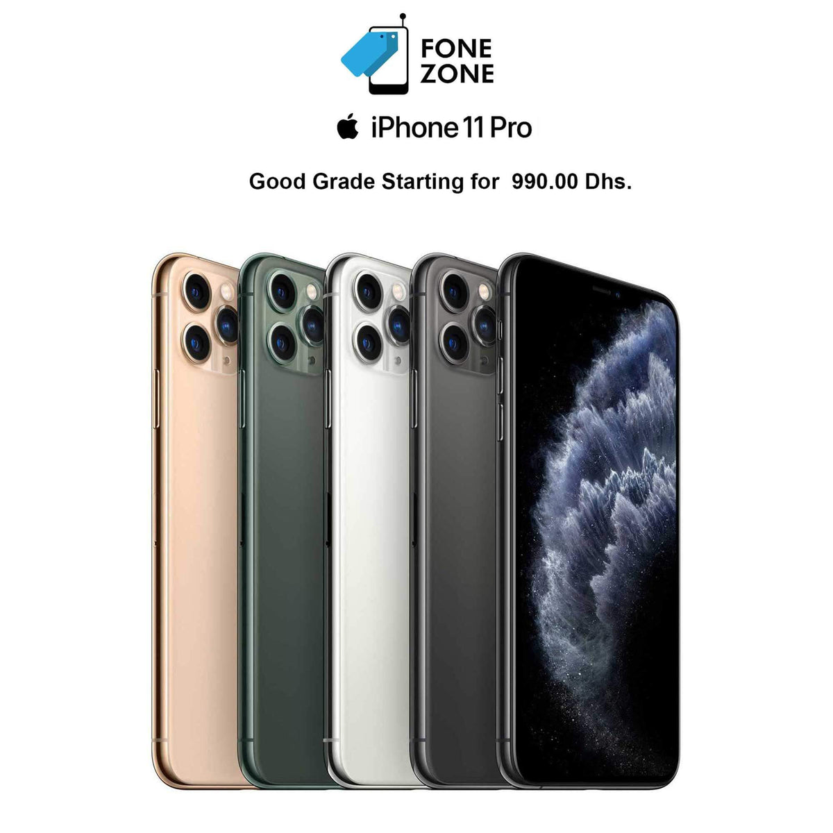Apple iPhone 11 Pro 64GB Space Grey, Good grade, available for 990.00 Dhs, showcasing multiple colors.