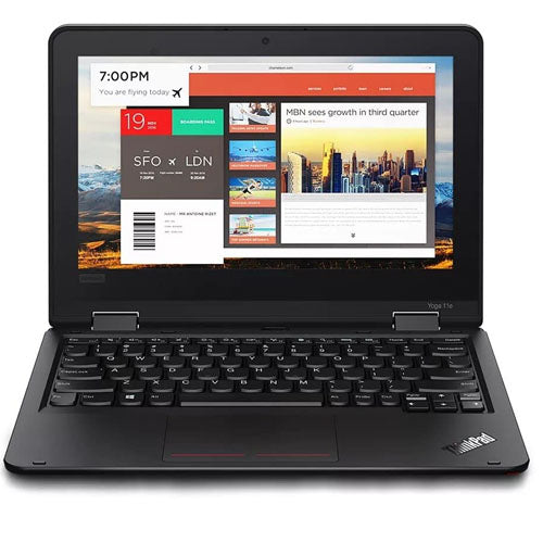 Lenovo Thinkpad Yoga laptop with 11-inch display showing apps and flight information on the screen.