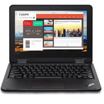 Lenovo Thinkpad Yoga laptop with 11-inch display showing apps and flight information on the screen.