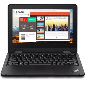 Lenovo Thinkpad Yoga laptop with 11-inch display showing apps and flight information on the screen.