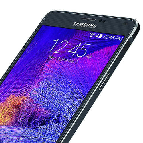 Samsung Galaxy Note 4 smartphone featuring a vibrant Super AMOLED display and sleek design with time displayed.